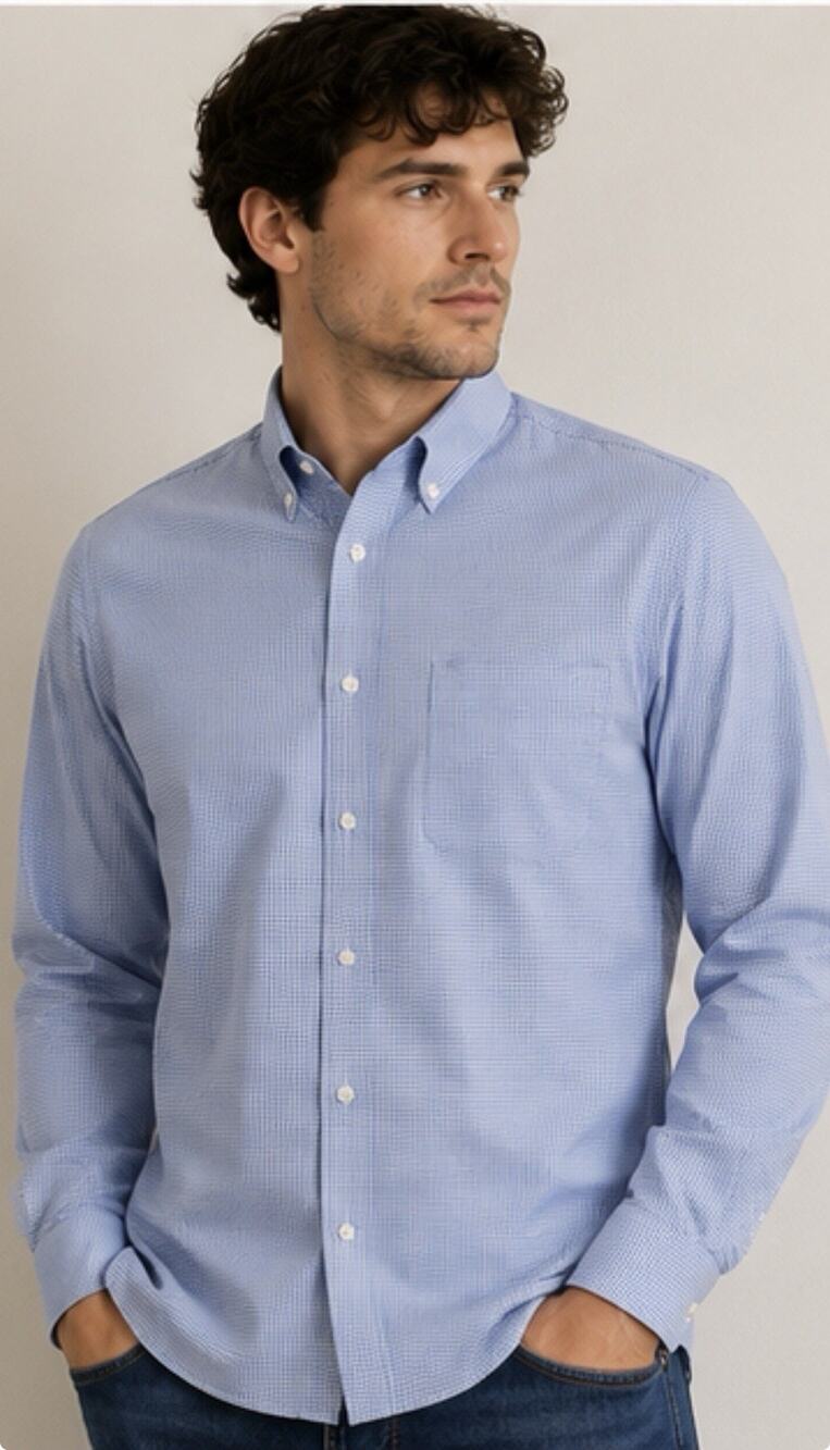 Dunning Mens L Blue Micro Check Button Down Shirt Long Sleeve Golf Performance